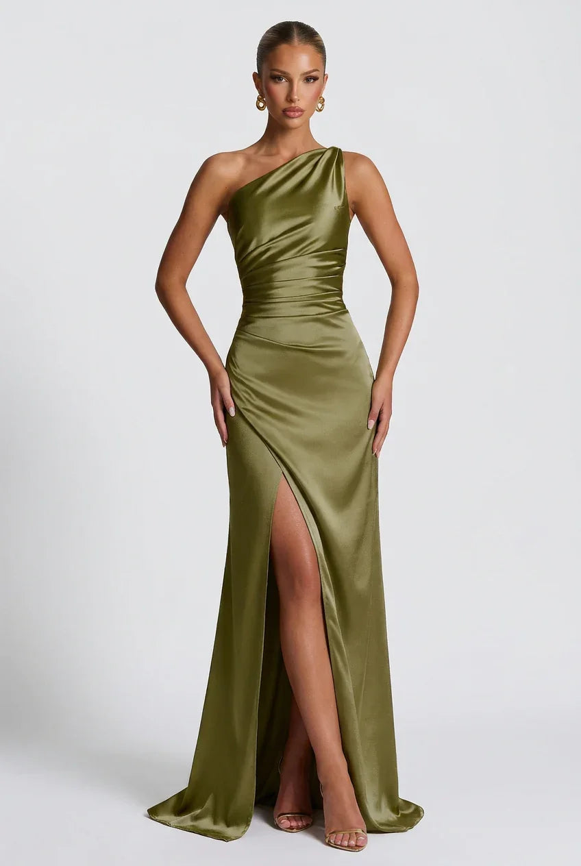 Romy One Shoulder Ruched Satin Sheen Maxi Dress - Green
