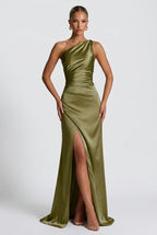 Romy One Shoulder Ruched Satin Sheen Maxi Dress - Green