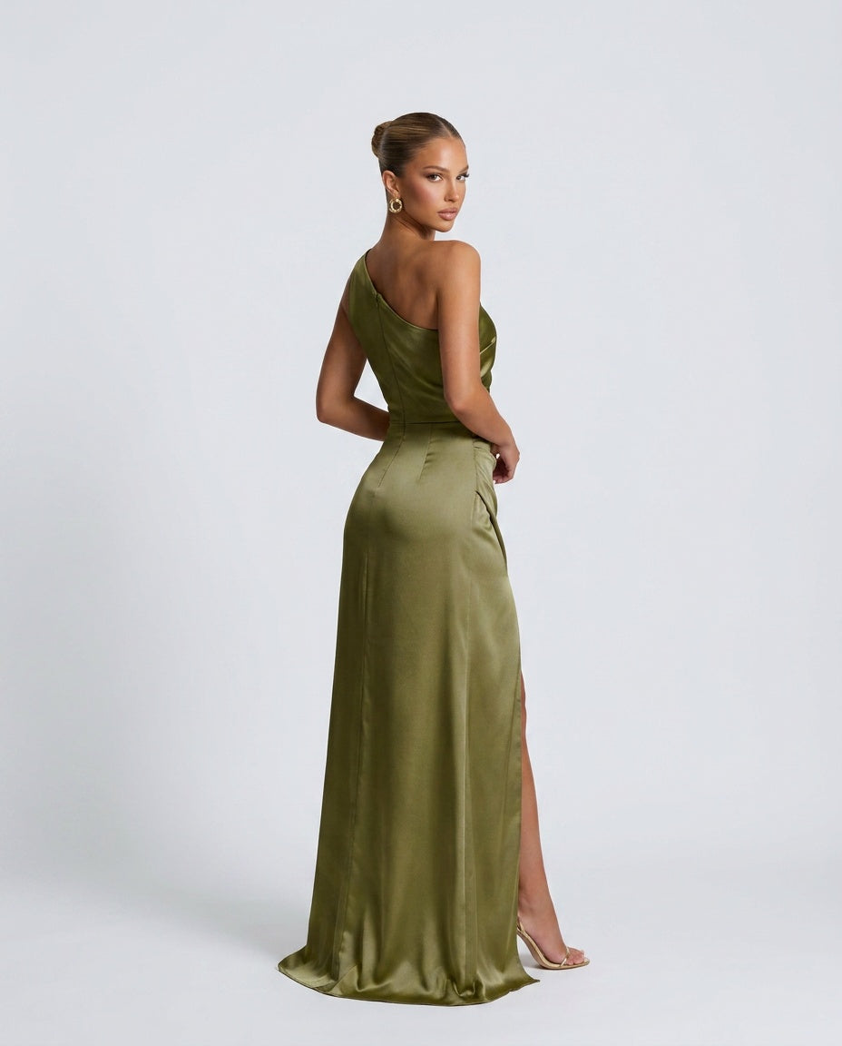 Romy One Shoulder Ruched Satin Sheen Maxi Dress - Green