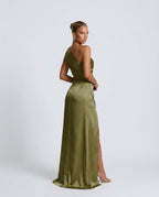 Romy One Shoulder Ruched Satin Sheen Maxi Dress - Green
