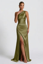 Romy One Shoulder Ruched Satin Sheen Maxi Dress - Green
