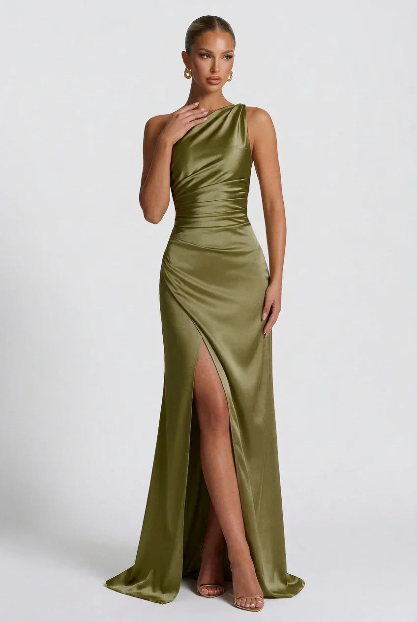 Romy One Shoulder Ruched Satin Sheen Maxi Dress - Green