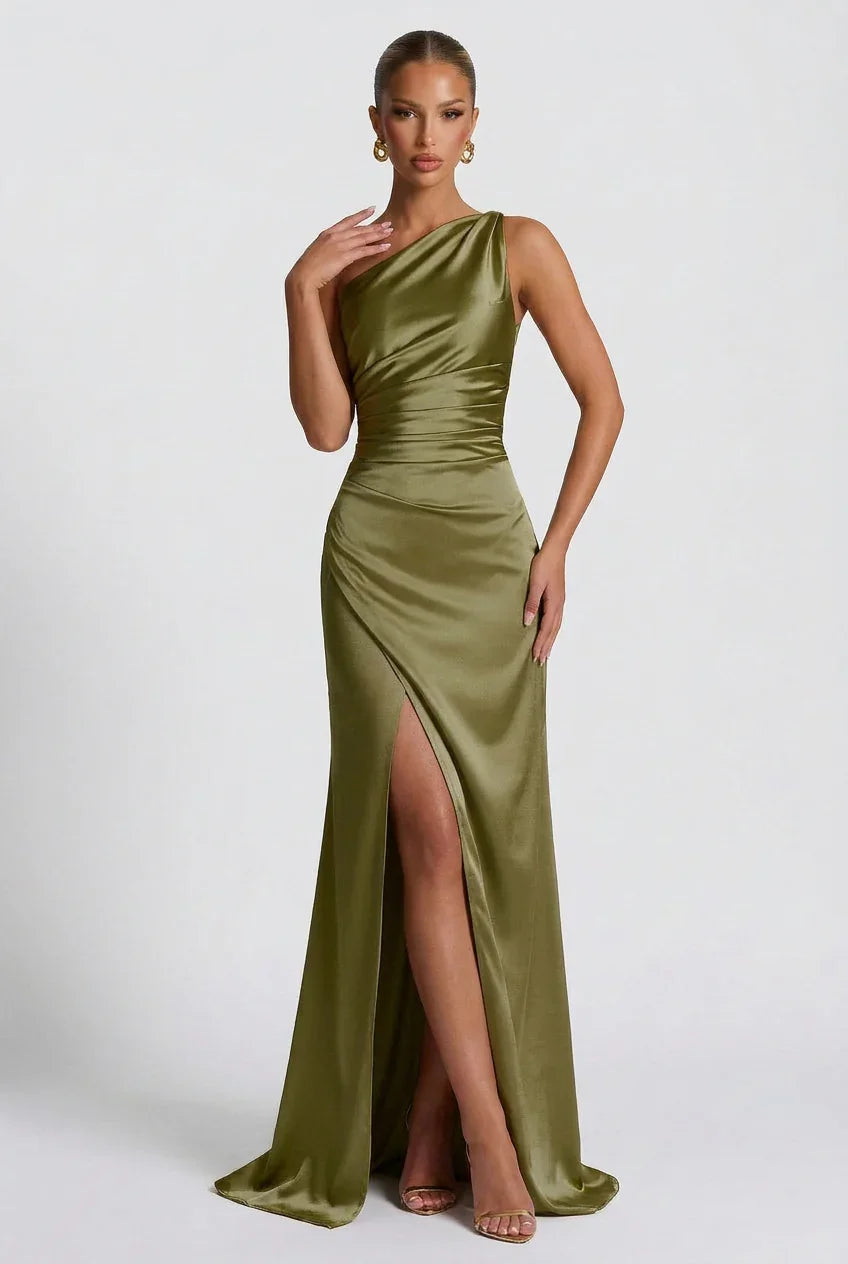 Romy One Shoulder Ruched Satin Sheen Maxi Dress - Green
