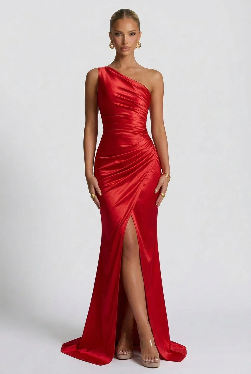 Romy One Shoulder Ruched Satin Sheen Maxi Dress - Red