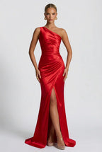 Romy One Shoulder Ruched Satin Sheen Maxi Dress - Red