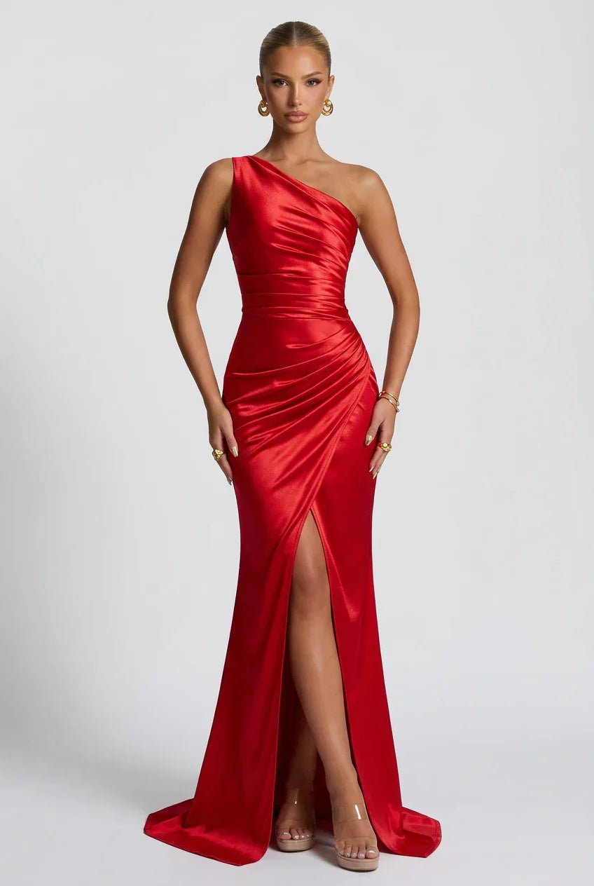 Romy One Shoulder Ruched Satin Sheen Maxi Dress - Red
