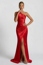 Romy One Shoulder Ruched Satin Sheen Maxi Dress - Red
