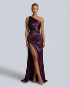 Romy One Shoulder Ruched Satin Sheen Maxi Dress - Purple