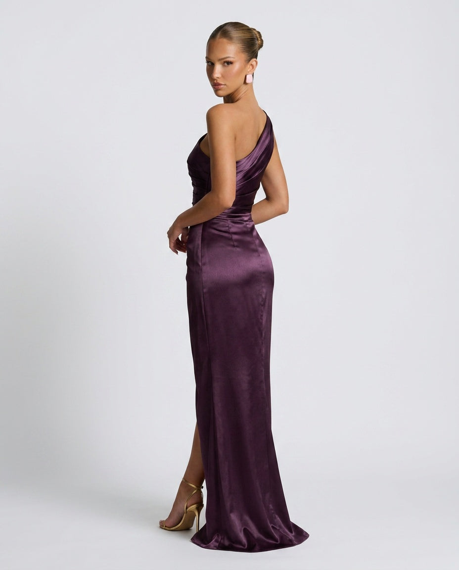 Romy One Shoulder Ruched Satin Sheen Maxi Dress - Purple
