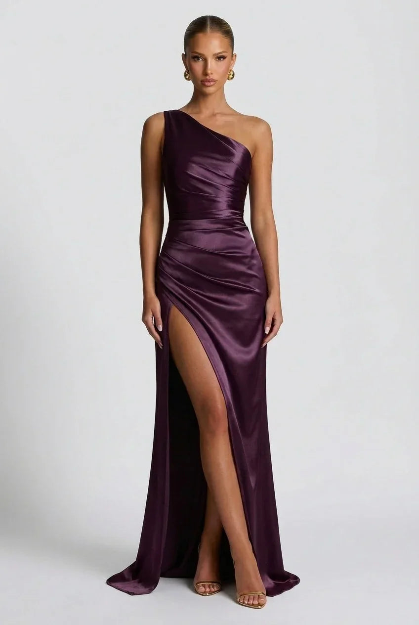 Romy One Shoulder Ruched Satin Sheen Maxi Dress - Purple