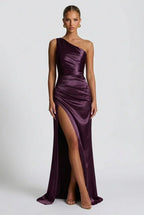 Romy One Shoulder Ruched Satin Sheen Maxi Dress - Purple