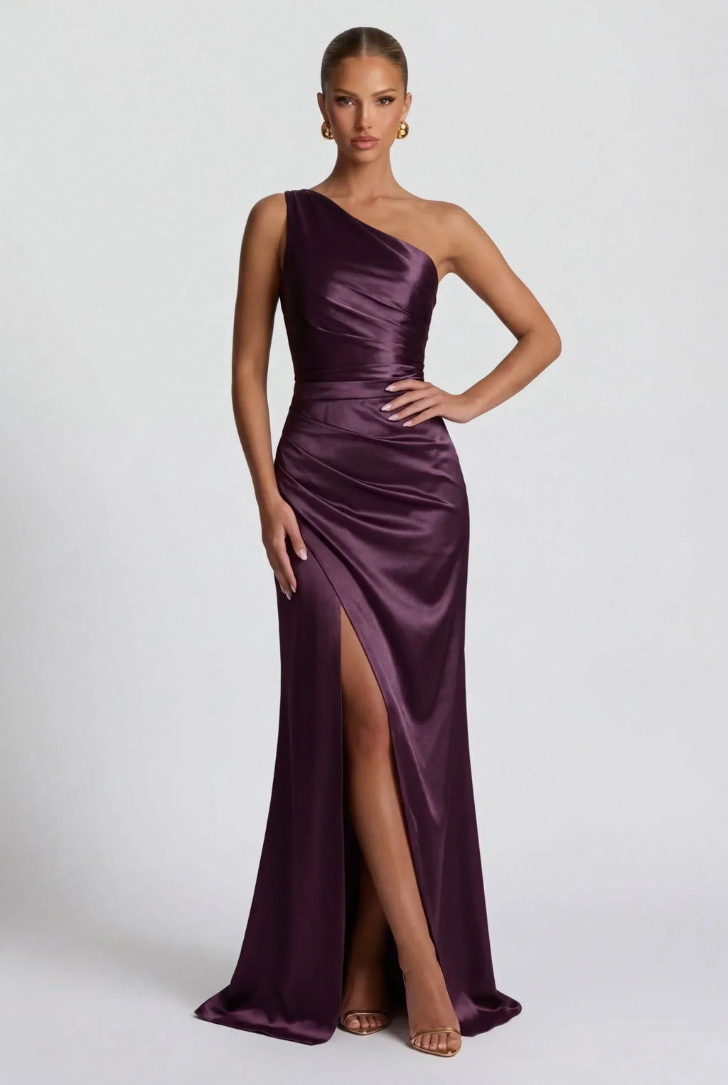 Romy One Shoulder Ruched Satin Sheen Maxi Dress - Purple