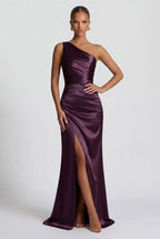 Romy One Shoulder Ruched Satin Sheen Maxi Dress - Purple