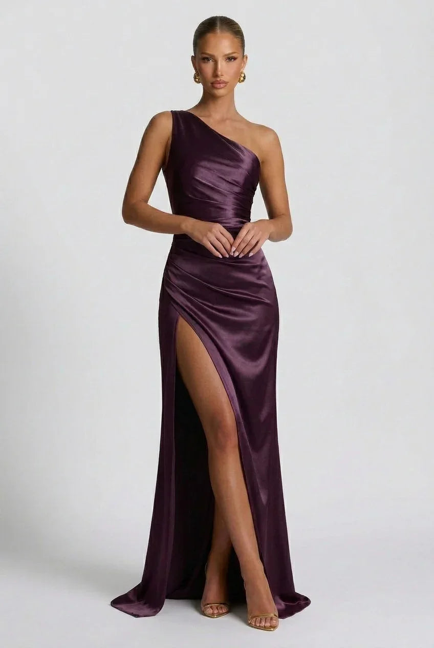 Romy One Shoulder Ruched Satin Sheen Maxi Dress - Purple