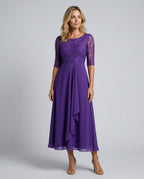 Rosette Lace Bodice Chiffon A-Line Midi Dress - Purple