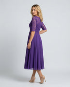 Rosette Lace Bodice Chiffon A-Line Midi Dress - Purple