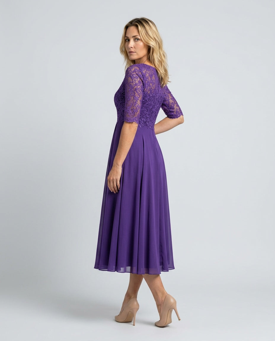 Rosette Lace Bodice Chiffon A-Line Midi Dress - Purple