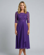 Rosette Lace Bodice Chiffon A-Line Midi Dress - Purple