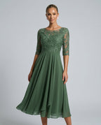 Rosette Lace Bodice Chiffon A-Line Midi Dress - Green