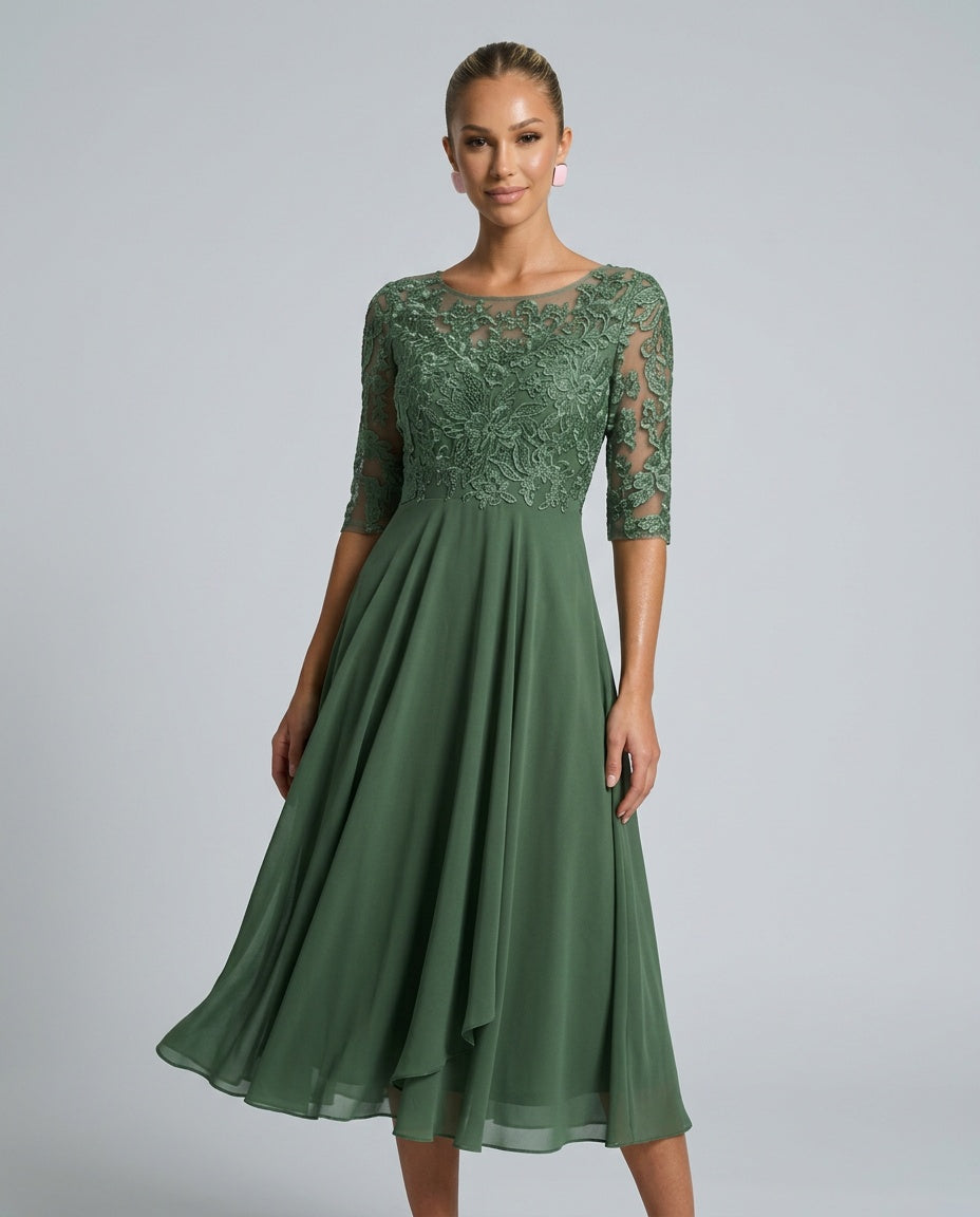 Rosette Lace Bodice Chiffon A-Line Midi Dress - Green