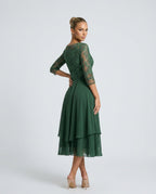 Rosette Lace Bodice Chiffon A-Line Midi Dress - Green