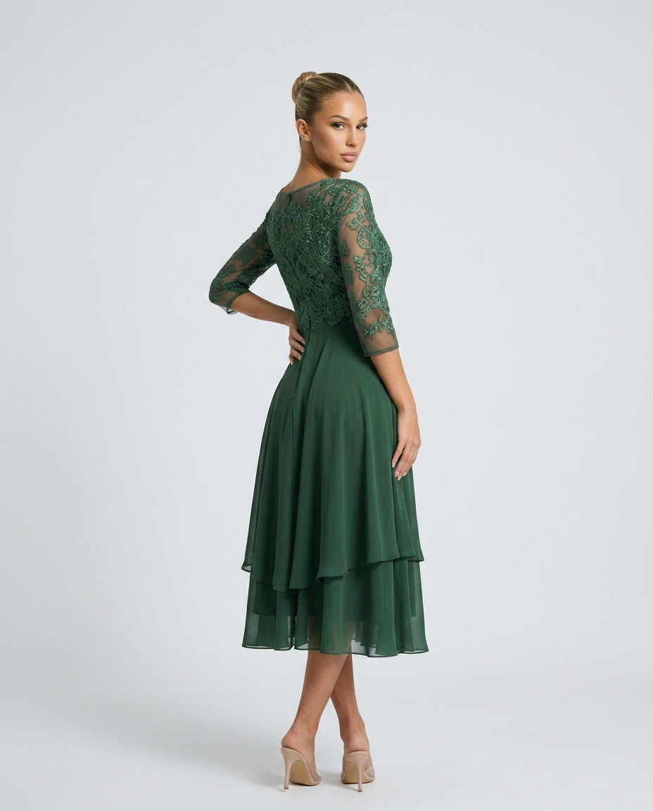 Rosette Lace Bodice Chiffon A-Line Midi Dress - Green