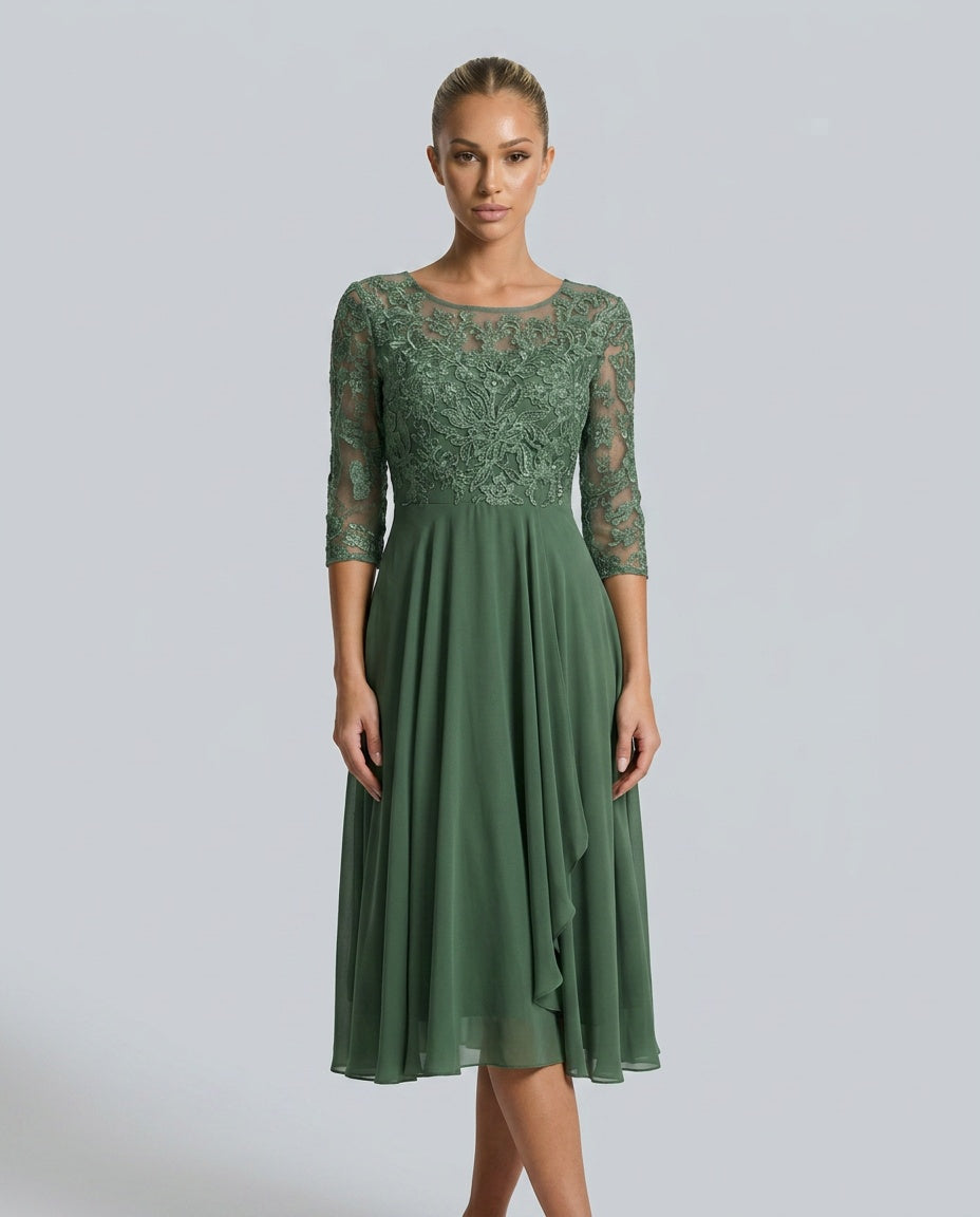 Rosette Lace Bodice Chiffon A-Line Midi Dress - Green