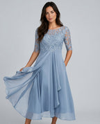 Rosette Lace Bodice Chiffon A-Line Midi Dress - Blue