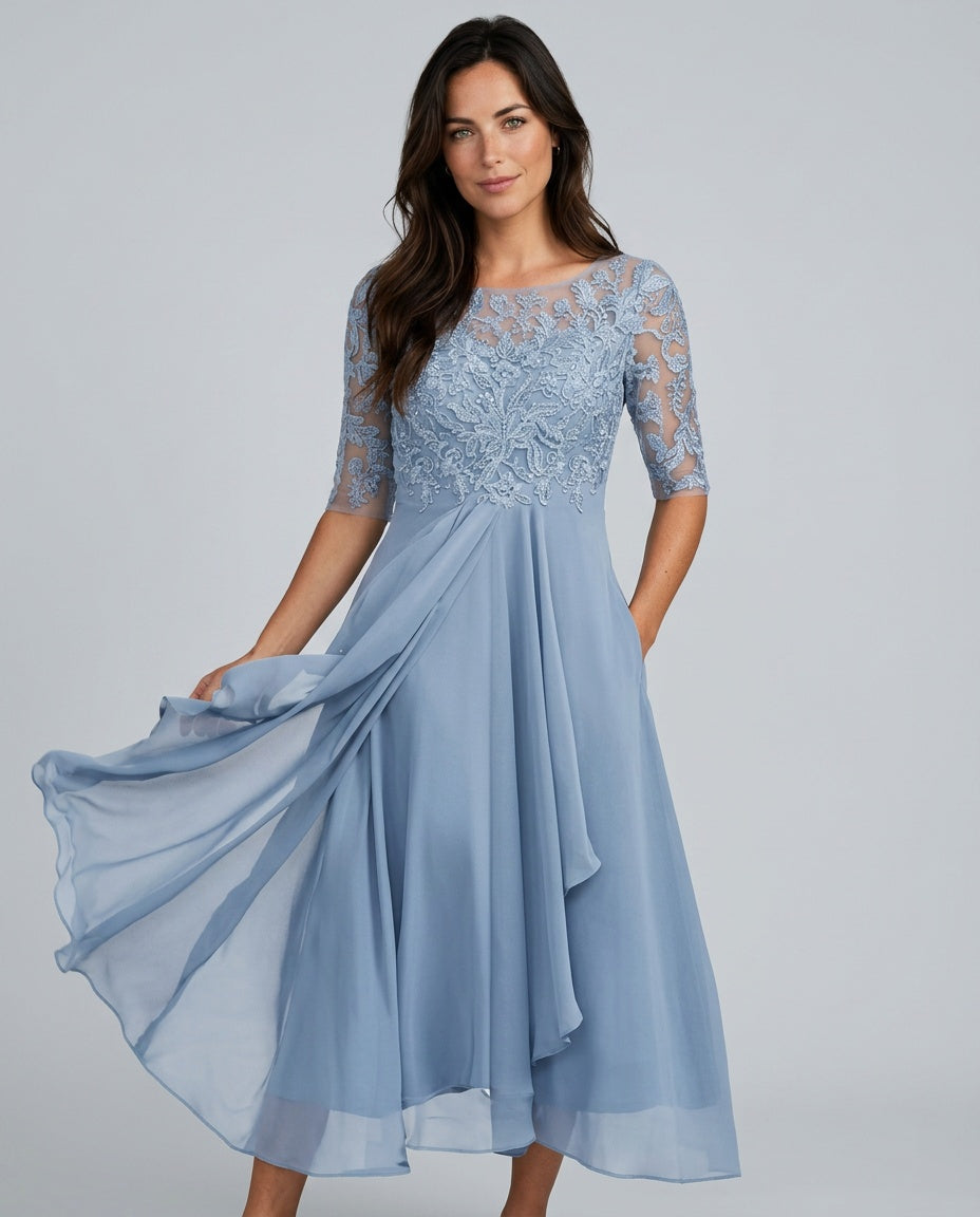 Rosette Lace Bodice Chiffon A-Line Midi Dress - Blue