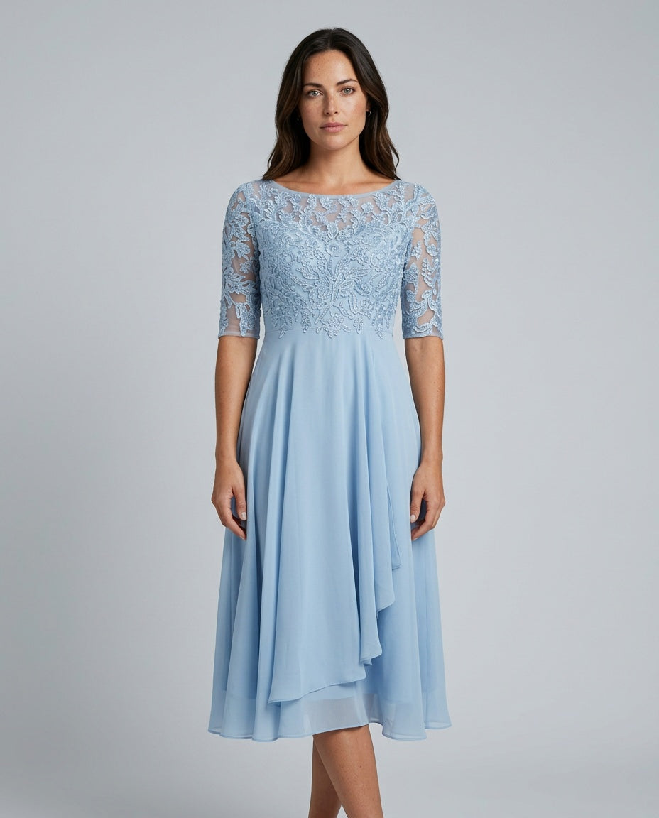 Rosette Lace Bodice Chiffon A-Line Midi Dress - Blue
