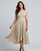 Rosette Lace Bodice Chiffon A-Line Midi Dress - Beige