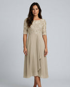 Rosette Lace Bodice Chiffon A-Line Midi Dress - Beige