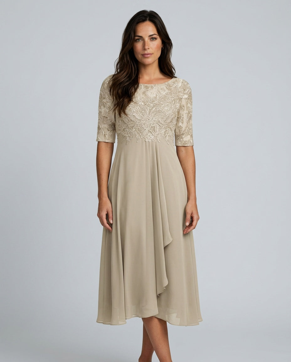 Rosette Lace Bodice Chiffon A-Line Midi Dress - Beige