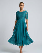 Rosette Lace Bodice Chiffon A-Line Midi Dress - Turquoise
