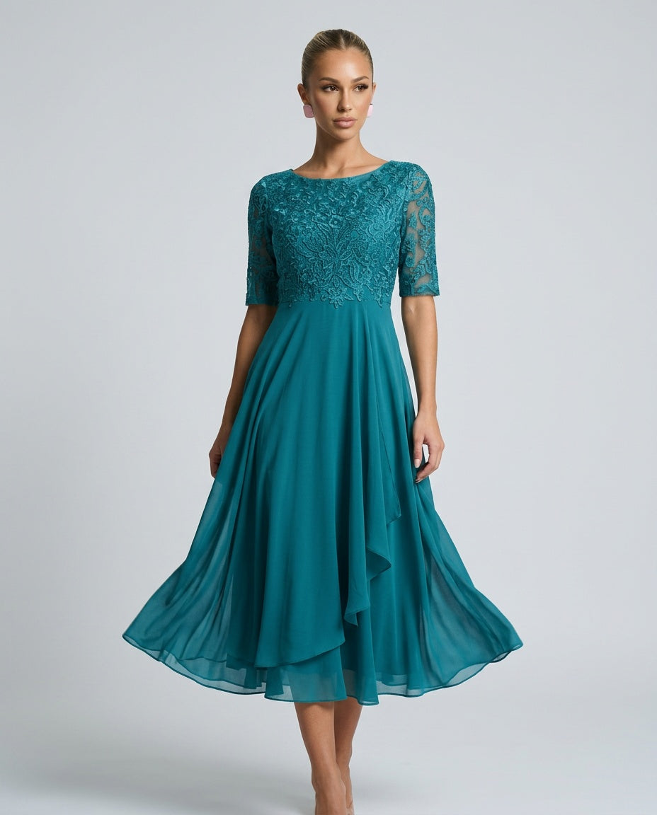 Rosette Lace Bodice Chiffon A-Line Midi Dress - Turquoise