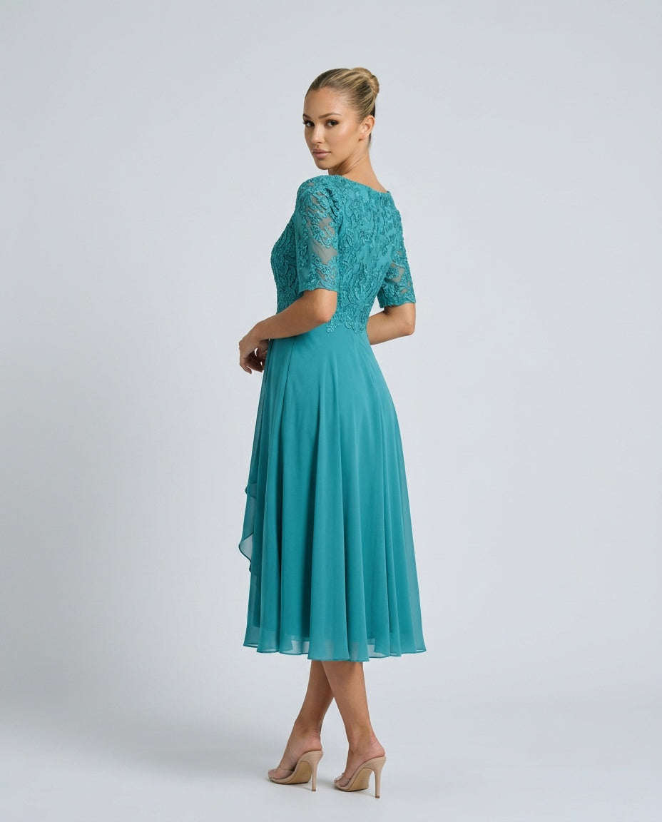 Rosette Lace Bodice Chiffon A-Line Midi Dress - Turquoise