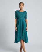 Rosette Lace Bodice Chiffon A-Line Midi Dress - Turquoise
