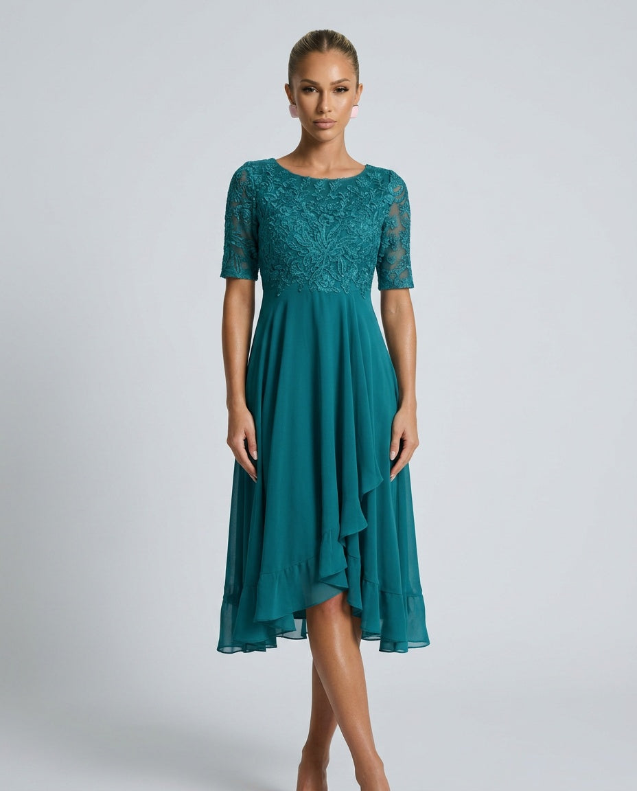 Rosette Lace Bodice Chiffon A-Line Midi Dress - Turquoise