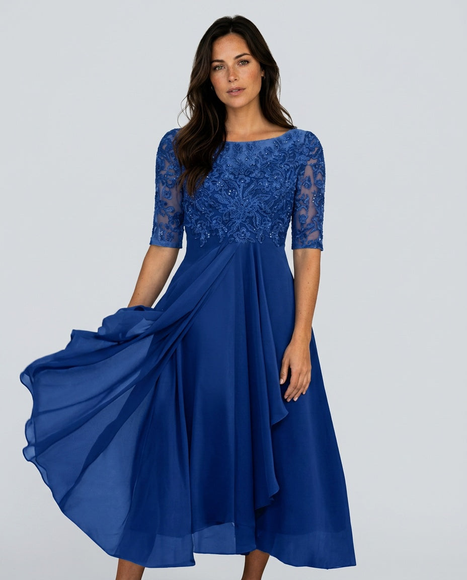 Rosette Lace Bodice Chiffon A-Line Midi Dress - Royal Blue