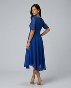 Rosette Lace Bodice Chiffon A-Line Midi Dress - Royal Blue