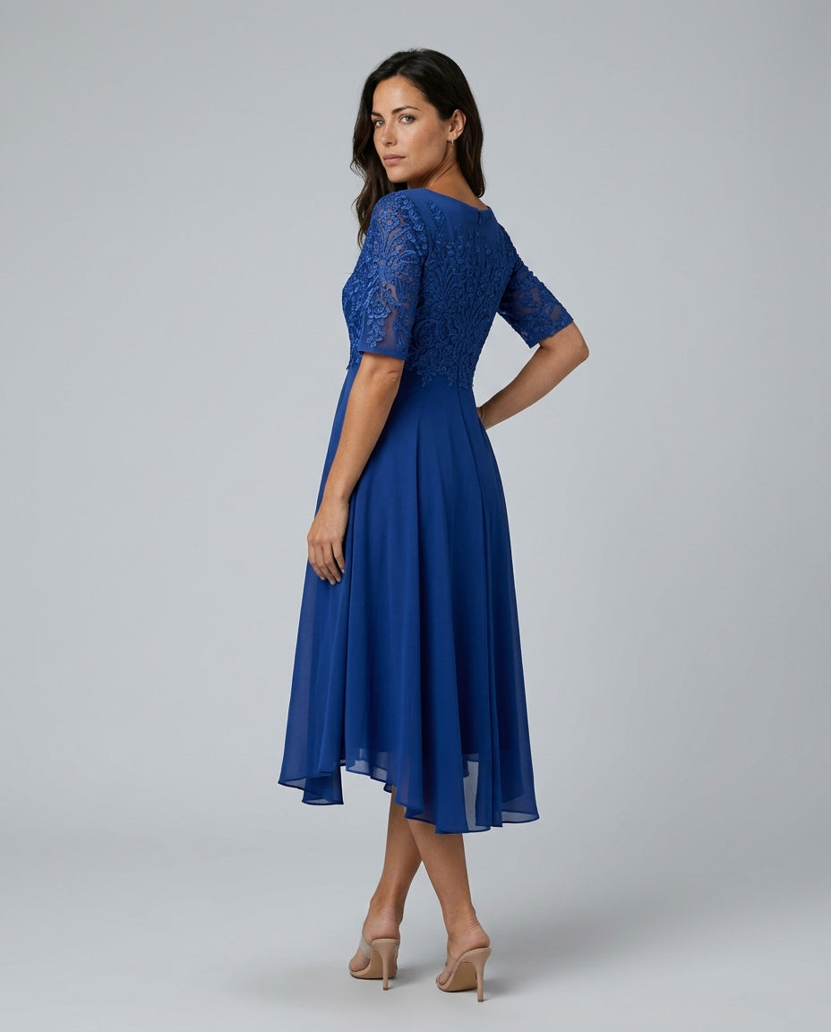 Rosette Lace Bodice Chiffon A-Line Midi Dress - Royal Blue