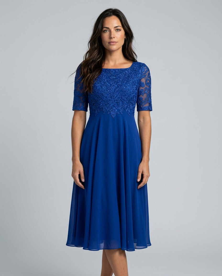 Rosette Lace Bodice Chiffon A-Line Midi Dress - Royal Blue