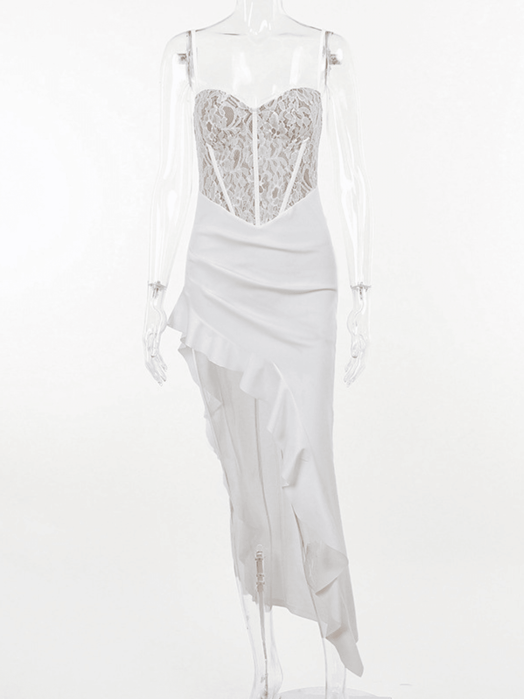Séline White Lace Asymmetric Corset Midi Dress - White