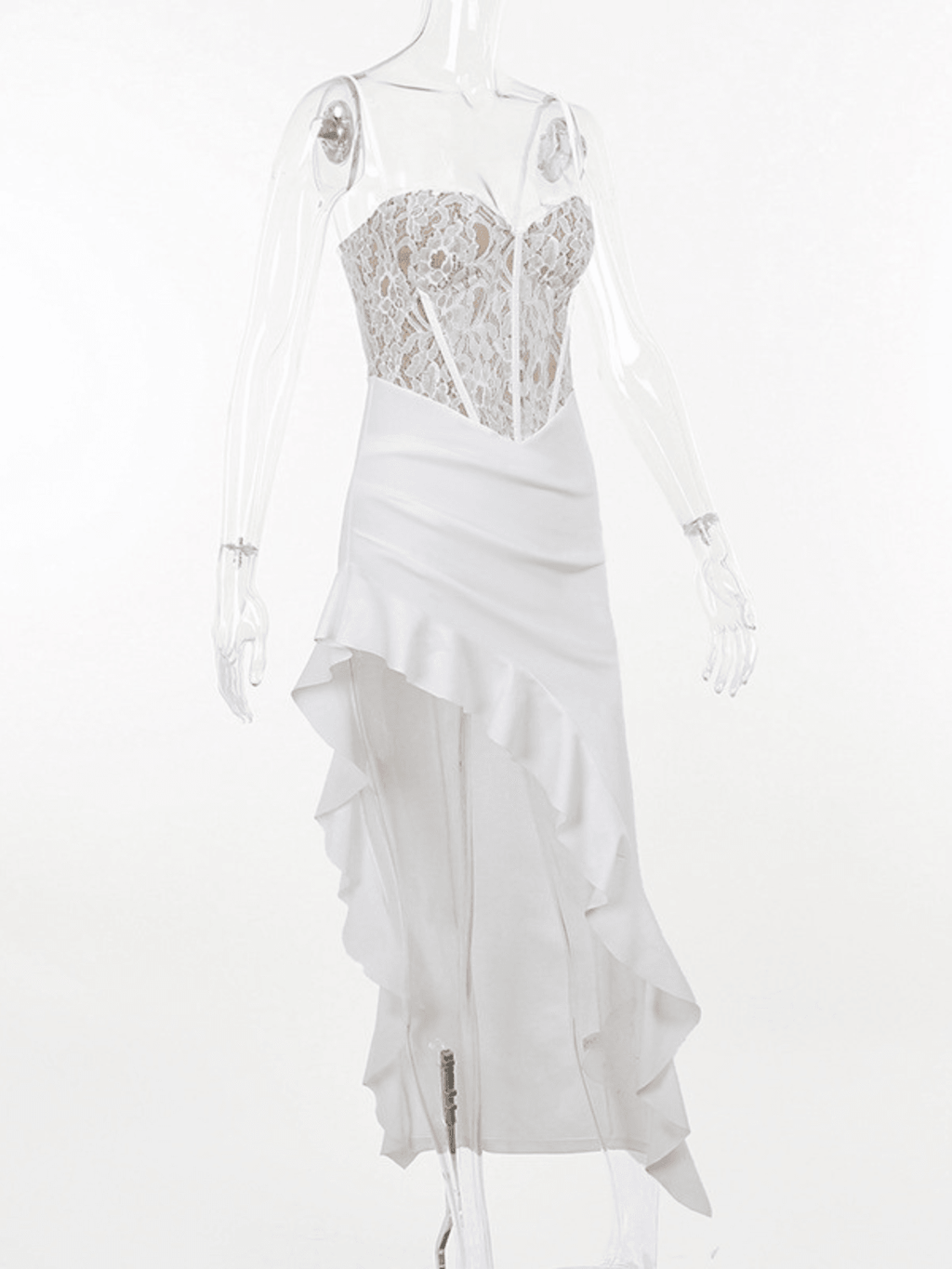 Séline White Lace Asymmetric Corset Midi Dress - White