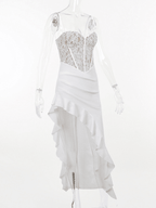 Séline White Lace Asymmetric Corset Midi Dress - White