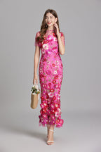 Sabine High Neck Floral Print Tulle Midi Dress - Pink