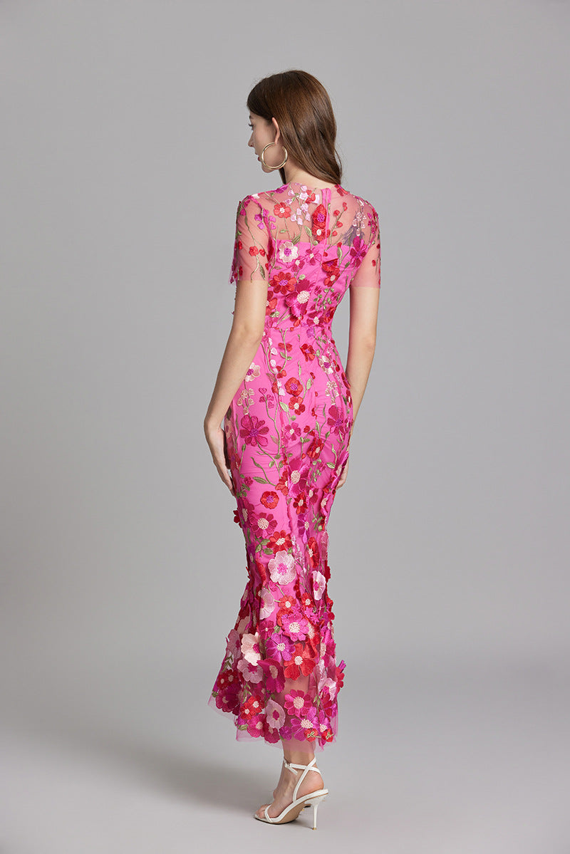 Sabine High Neck Floral Print Tulle Midi Dress - Pink