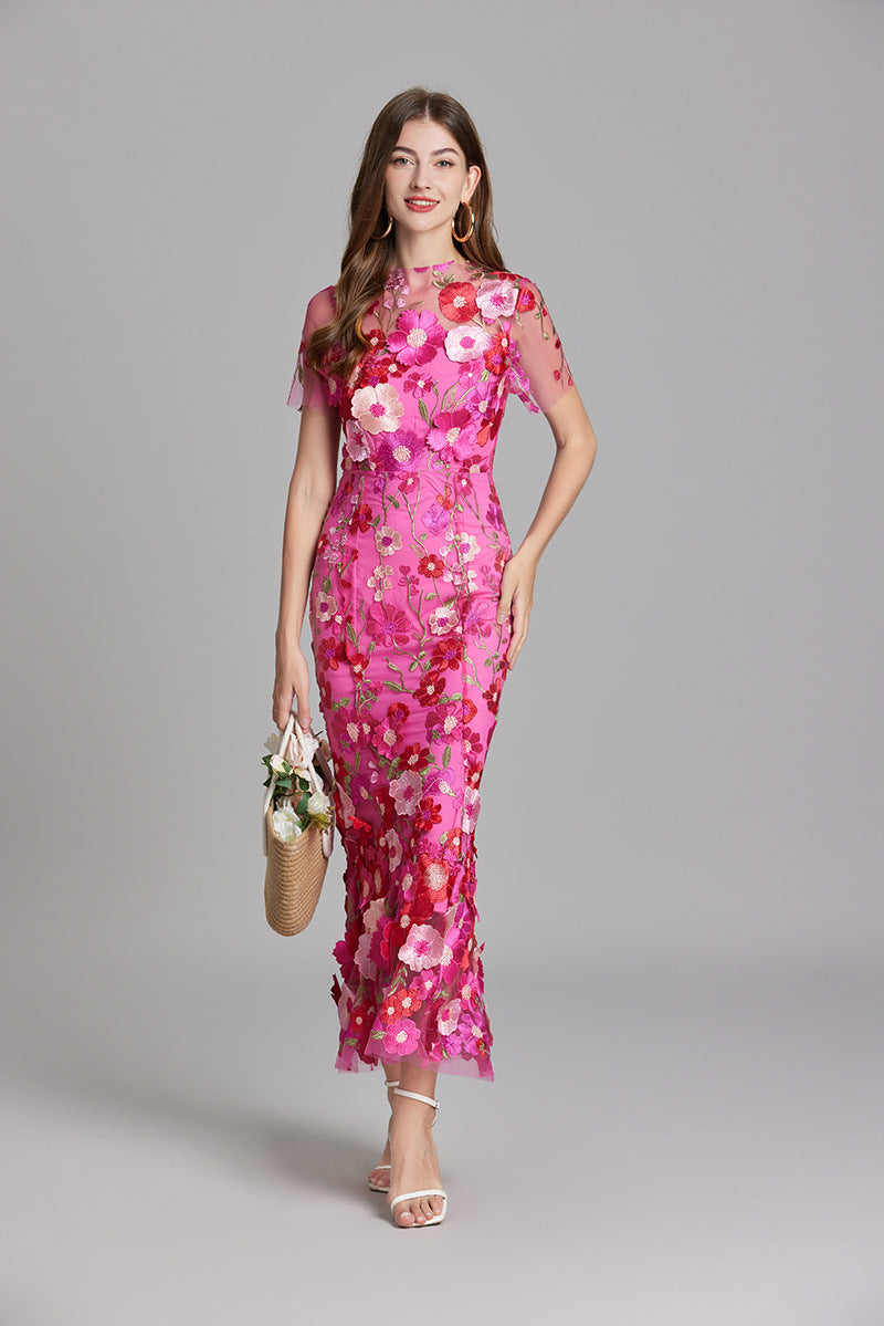 Sabine High Neck Floral Print Tulle Midi Dress - Pink