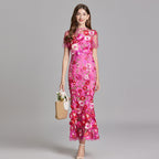 Sabine High Neck Floral Print Tulle Midi Dress - Pink