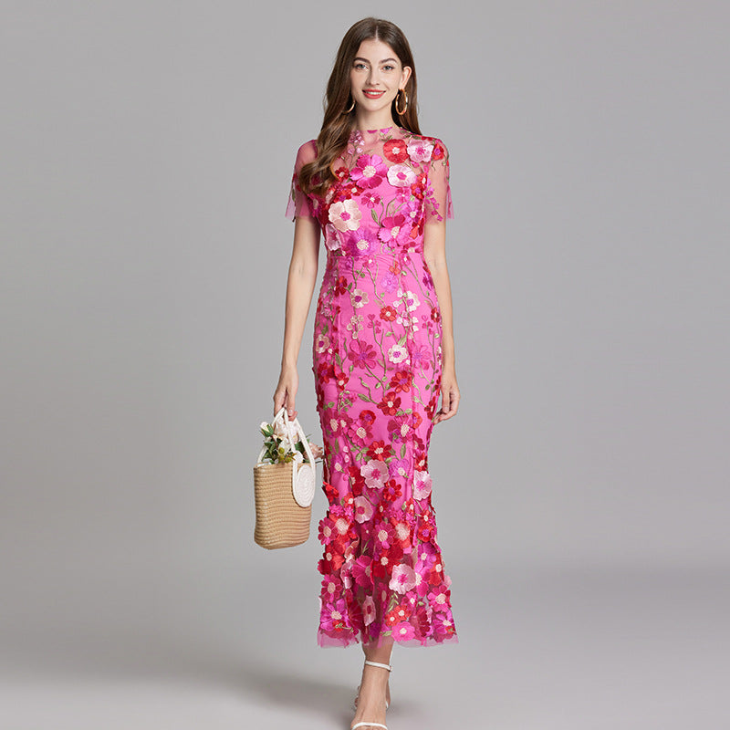 Sabine High Neck Floral Print Tulle Midi Dress - Pink